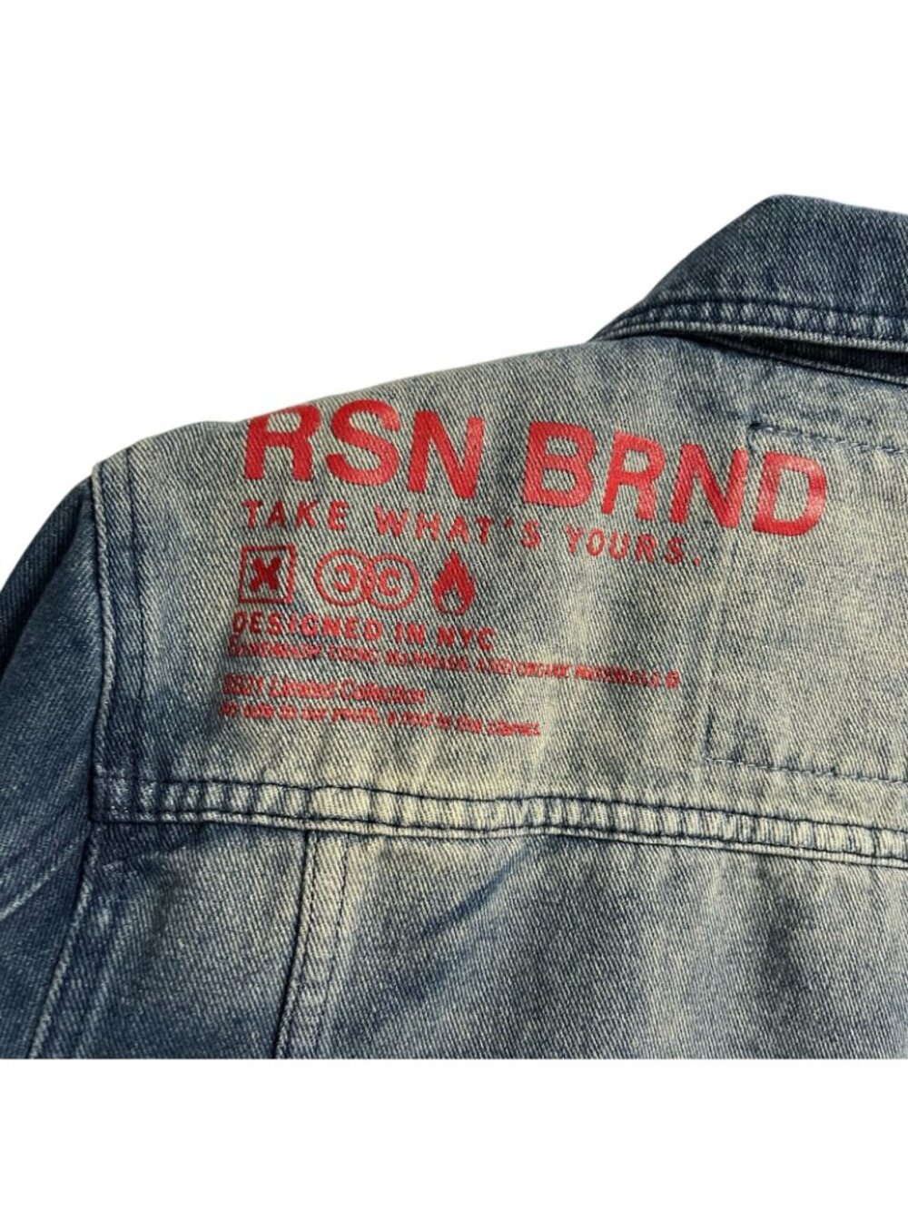 Reason Denim Jean Jacket Distressed Bleached Print Graphics Size Medium - Picture 7 of 9